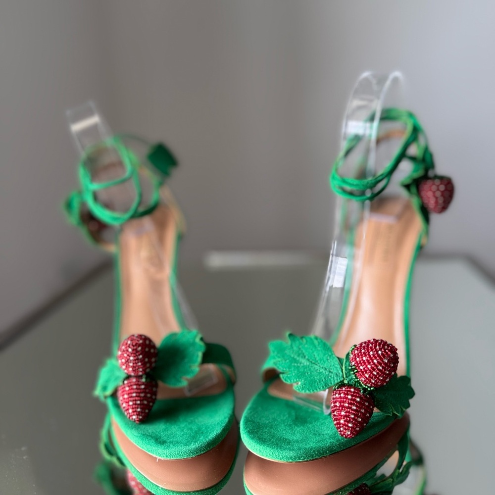 New Aquazzura Green Fragolina 105 Embellished Suede Sandals 38 $1,295 - Picture 13 of 14